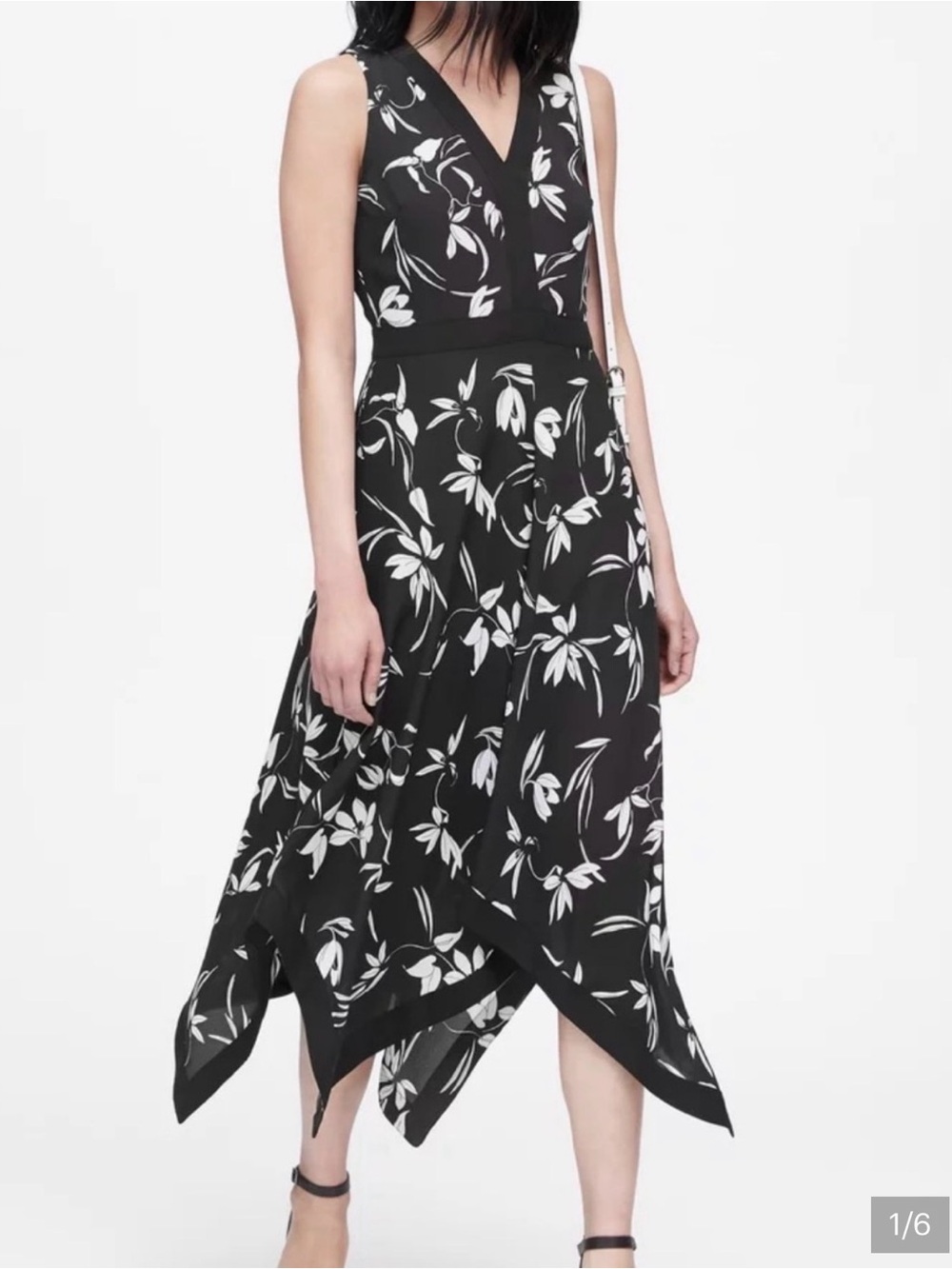 Banana Republic Sleeveless Black & White Floral V-Neck handkerchief dress.